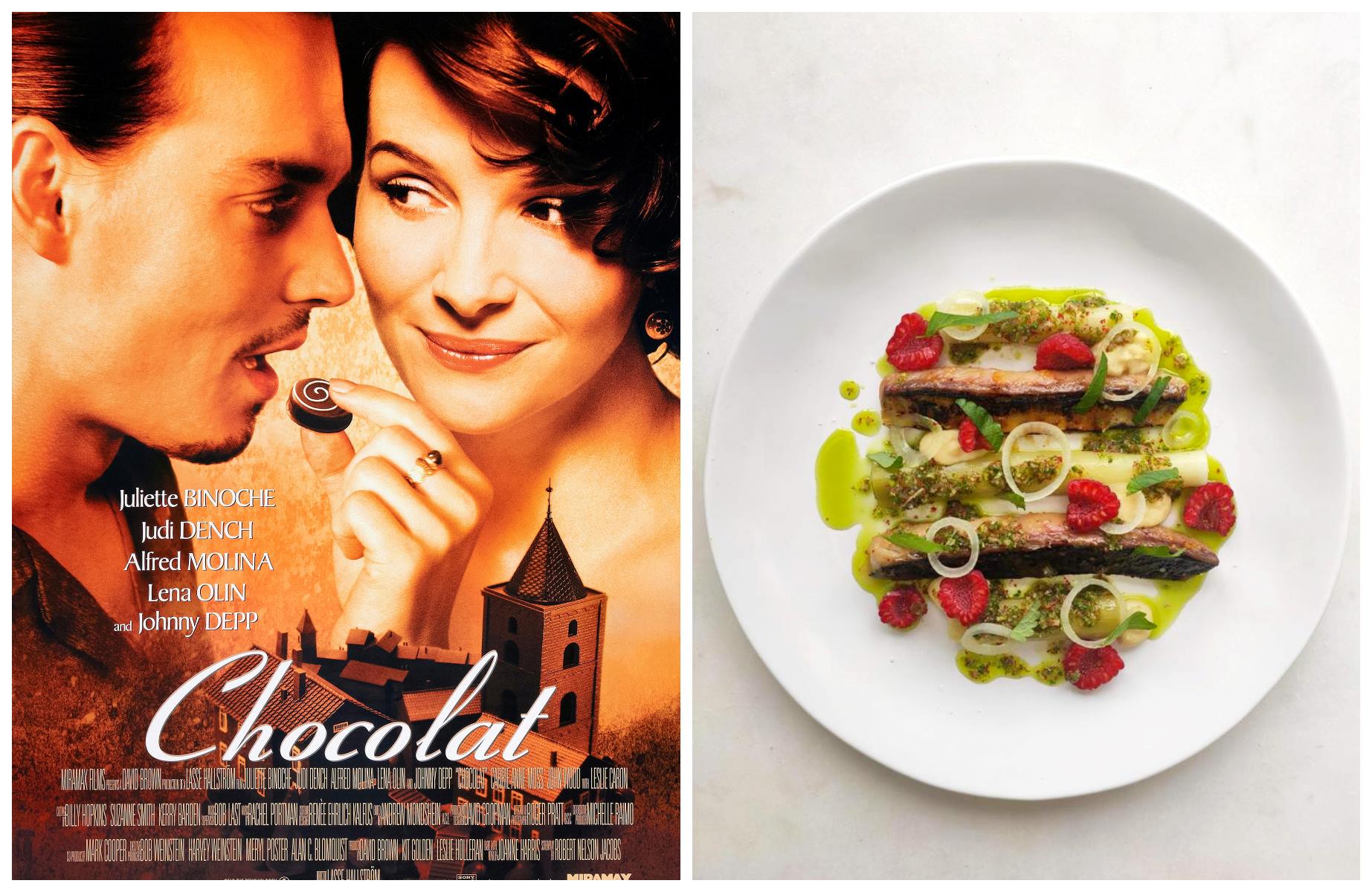 Chocolat (2000) wasn't a Cannes winner but was a well-received movie, which we've paired with La Cuisine de la Fontaignotte restaurant in Burgundy, France. © Left: BFA / Alamy Stock Photo. Right: La Cuisine de la Fontaignotte 