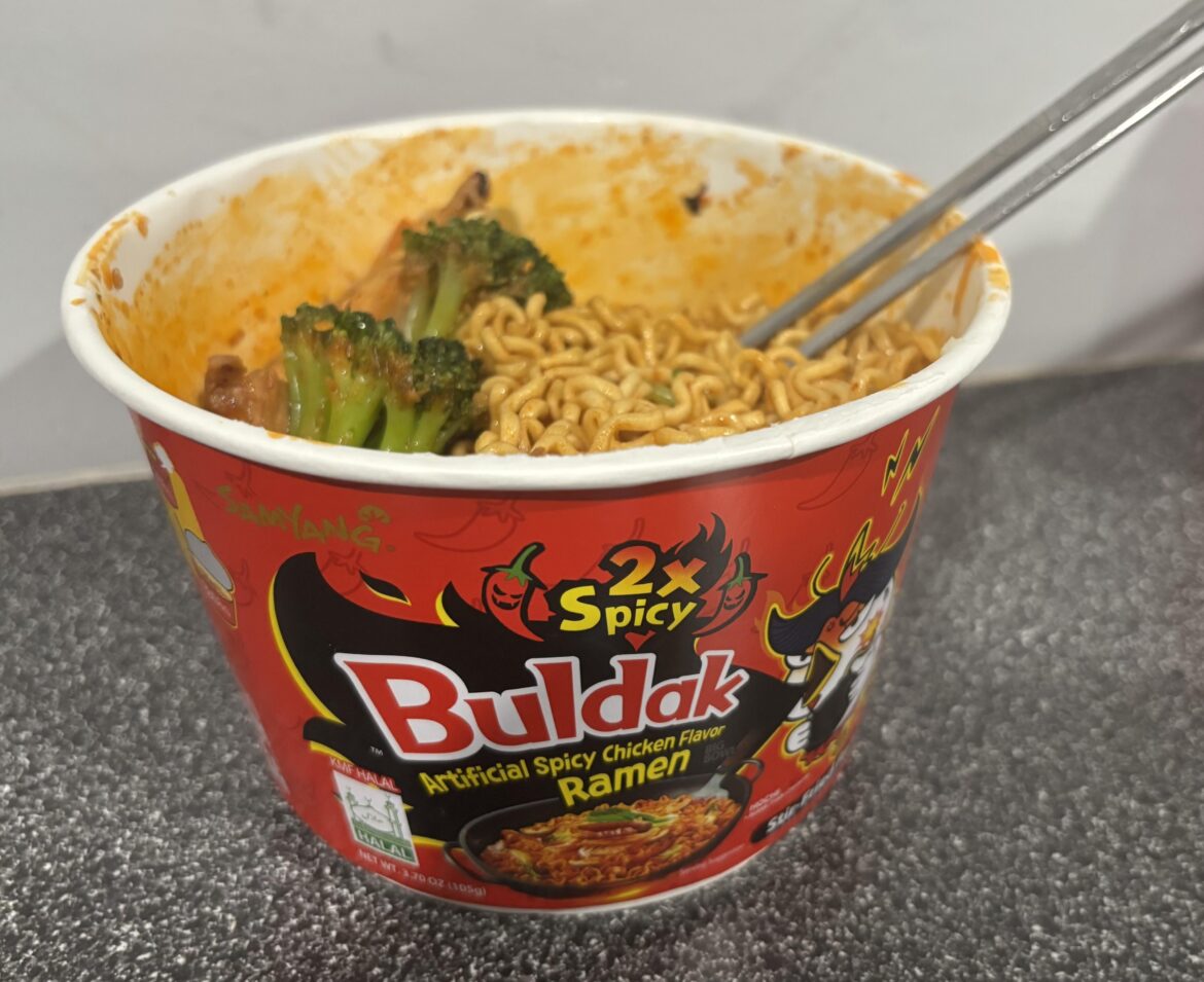 Made a meal out of my Buldak 2x ramen by adding frozen broccoli and teriyaki chicken (didn't add the teriyaki sauce as it already has Buldak sauce).