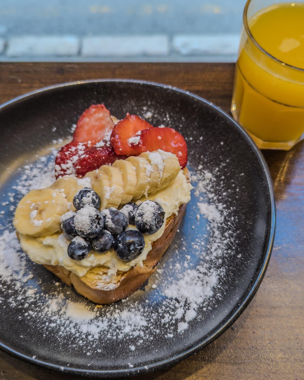 My breakfast today, toasted brioche with mascarpone and fresh fruit