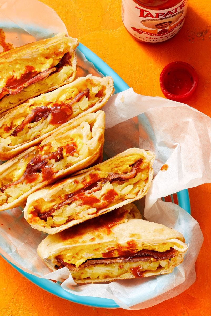 B.E.C. Breakfast Bites bacon egg and cheese breakfast bites with hot sauce drizzled on top