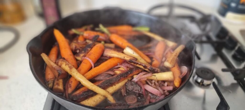 Balsamic braised sticky lamb shanks + fried capers & fennel seeds + BBQ grilled spuds