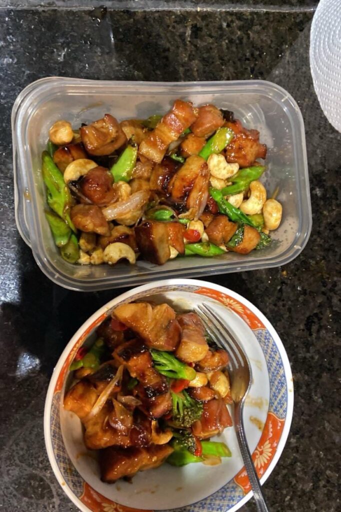 Belly pork, cashew and broccoli stir fry