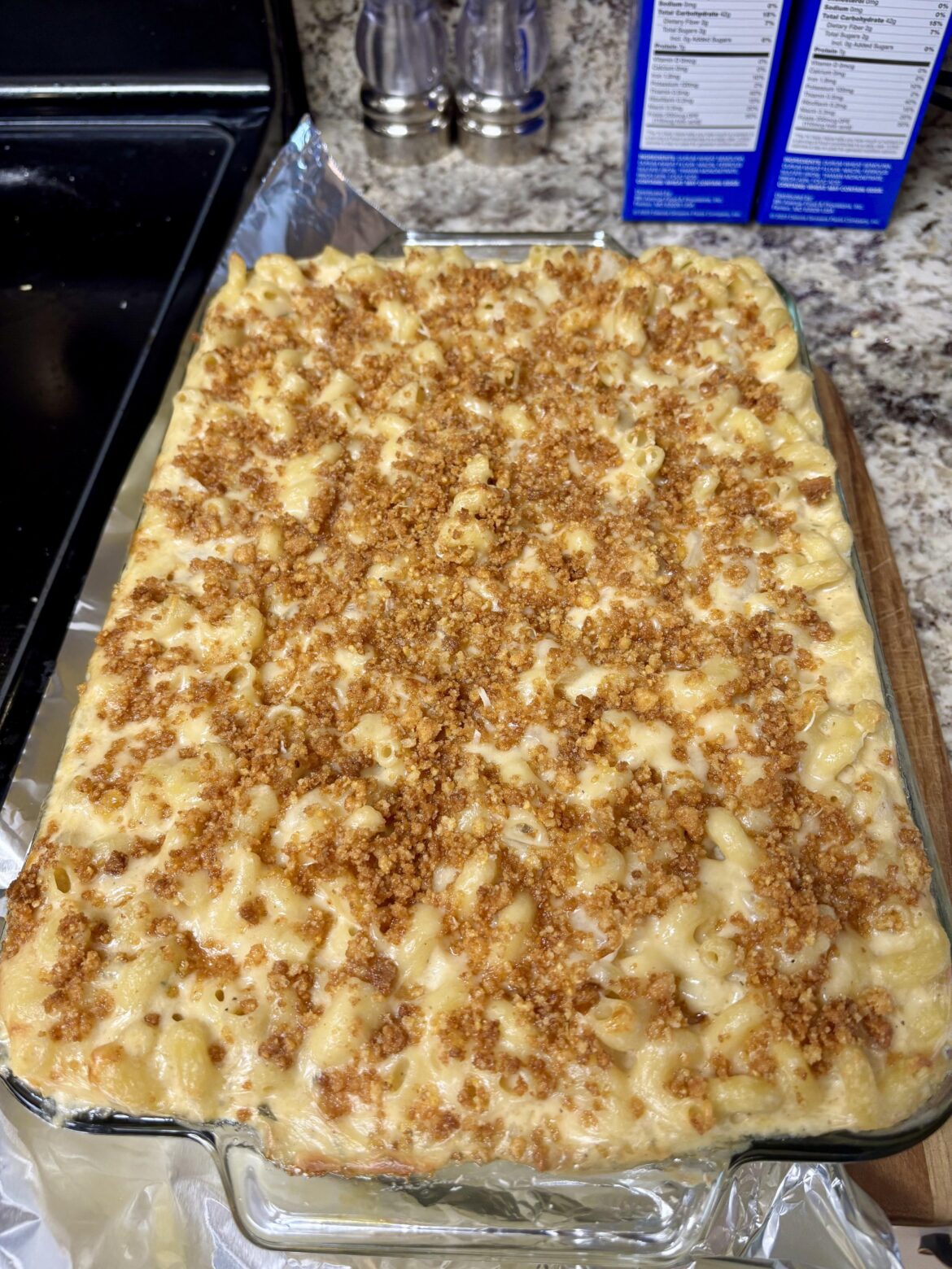 Cornbread Crumb topper on a 4 Cheese Mac: Smoked Gouda, Gruyère, Parm & Mozz