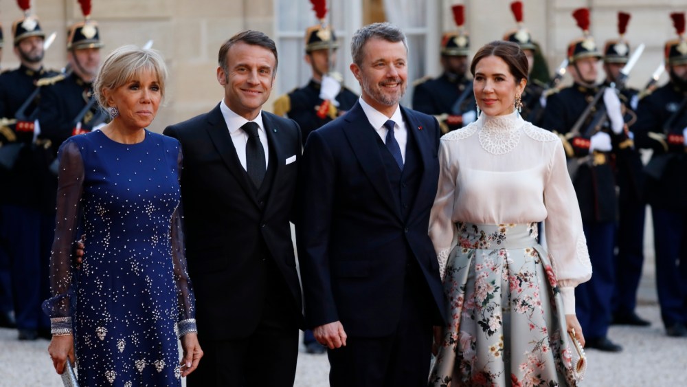 Brigitte Macron Wows in Shimmering Blue Dress for State Dinner Brigitte Macron, President Emmanuel Macron, King Frederik X and Queen Mary of Denmark at the state banquet in Paris during the Danish royal's state visit to France.