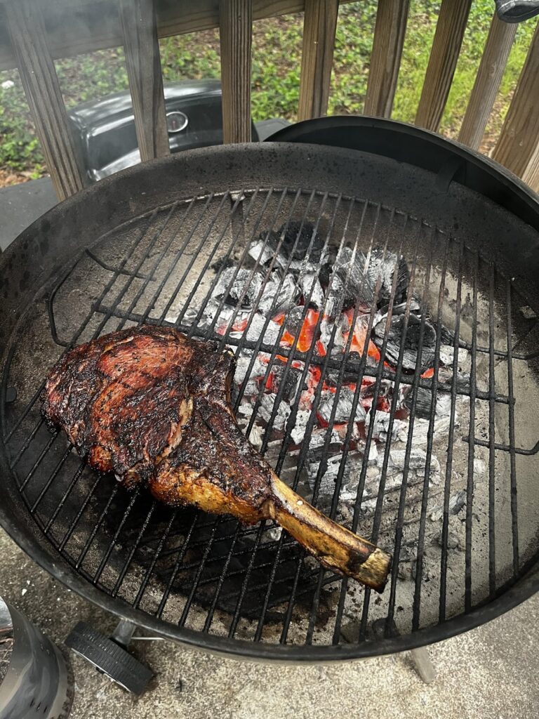First ever cowboy steak I cooked on my classic Weber Turned out pretty good.