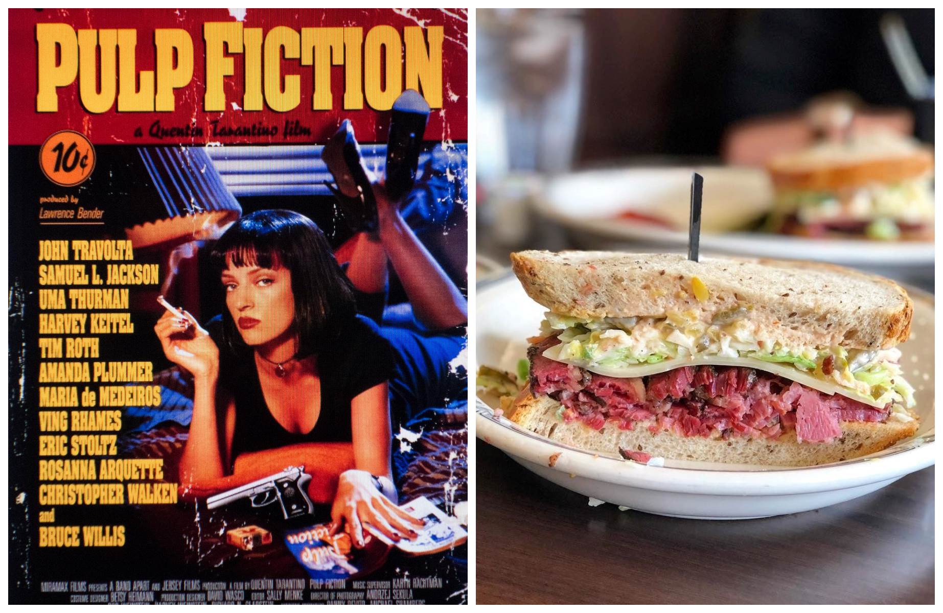 Cult movie Pulp Fiction (1994) features diner scenes that echo the cinematic Langer’s Delicatessen in Los Angeles, US. ©  Left: movies / Alamy Stock Photo. Right: c Langer’s Delicatessen