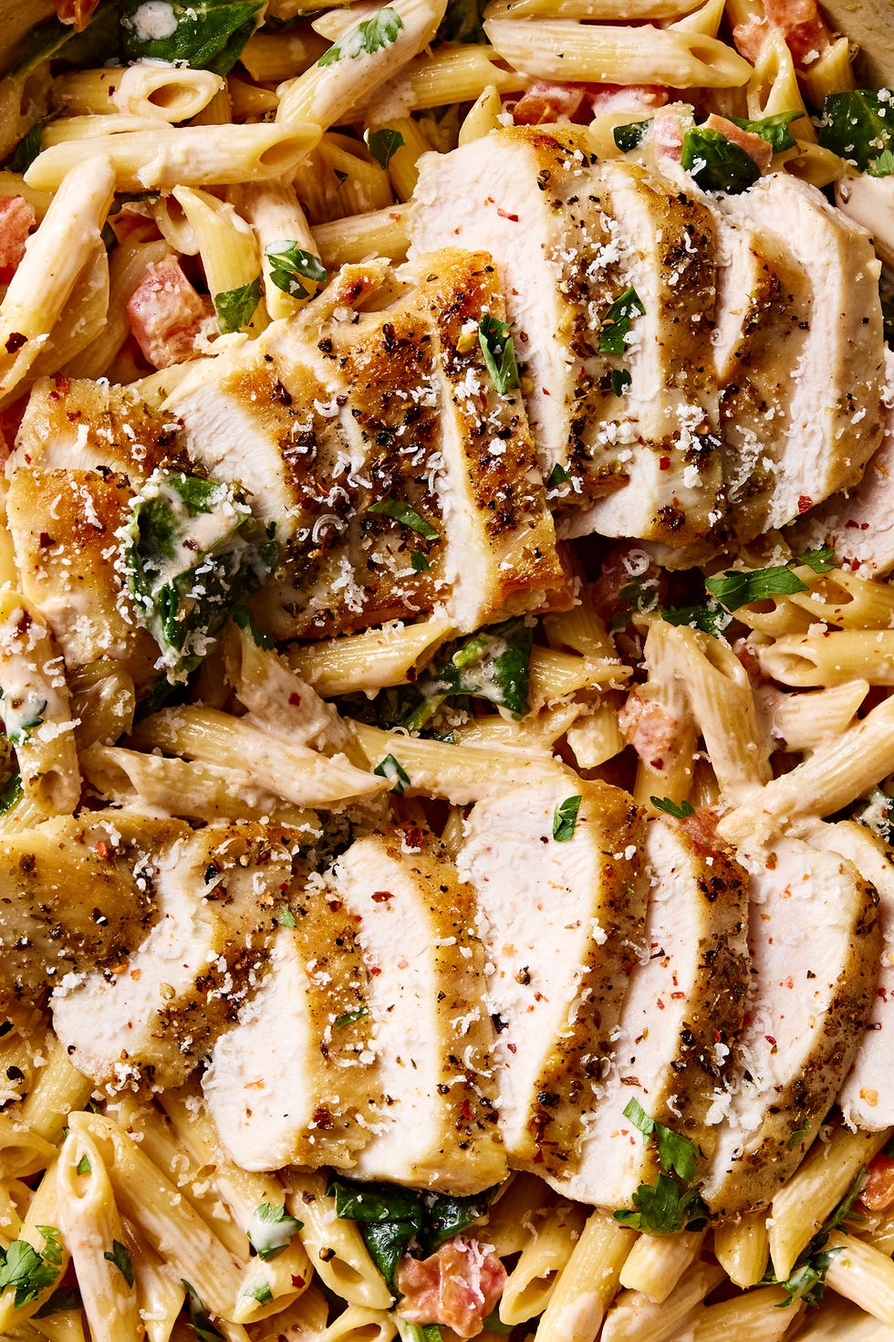 pasta in a pot topped with chicken slices and herbs
