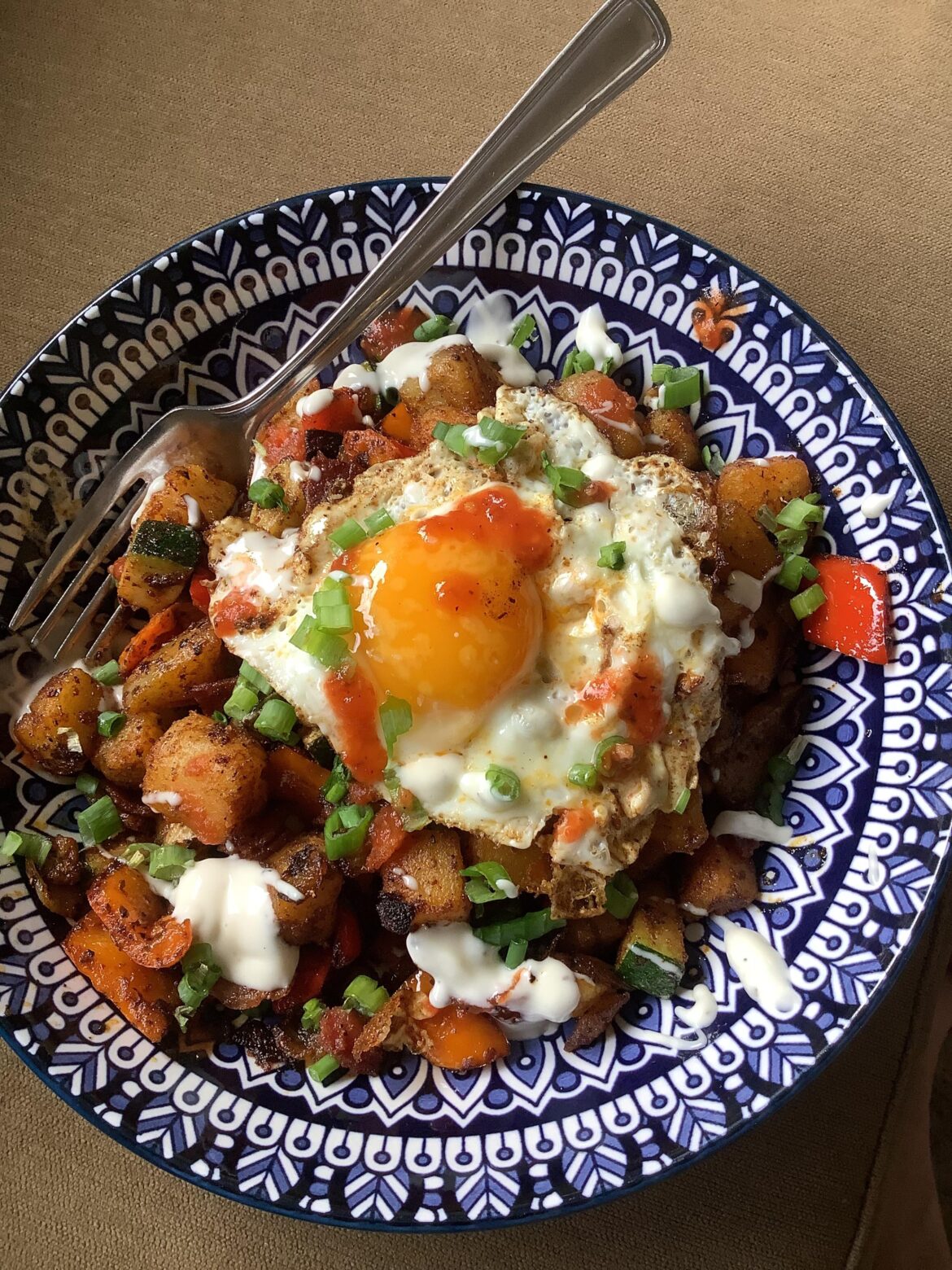 Bacon & veggie hash… and my yolk has a little face!
