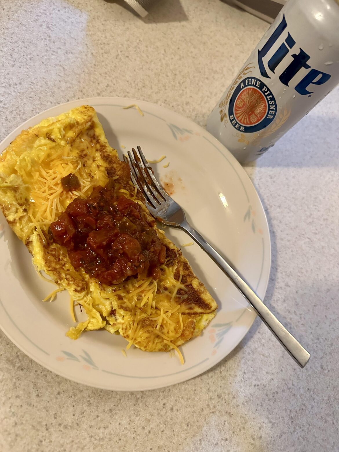 Breakfast (nightshift); omelette with cheddar cheese and Smokey Jalapeño salsa