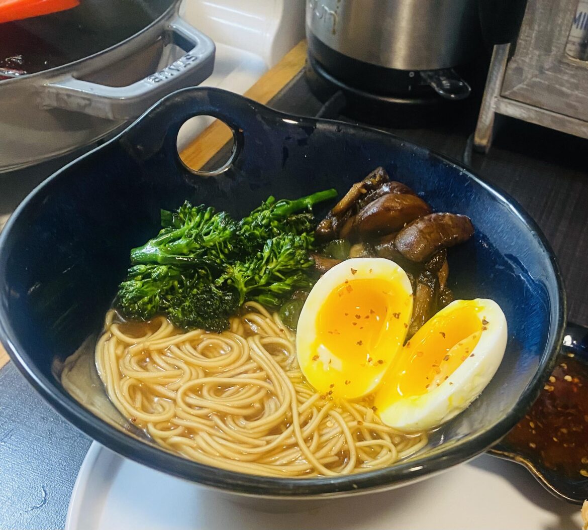 Miso with sautéed mushrooms, broccolini, and chilli flakes.