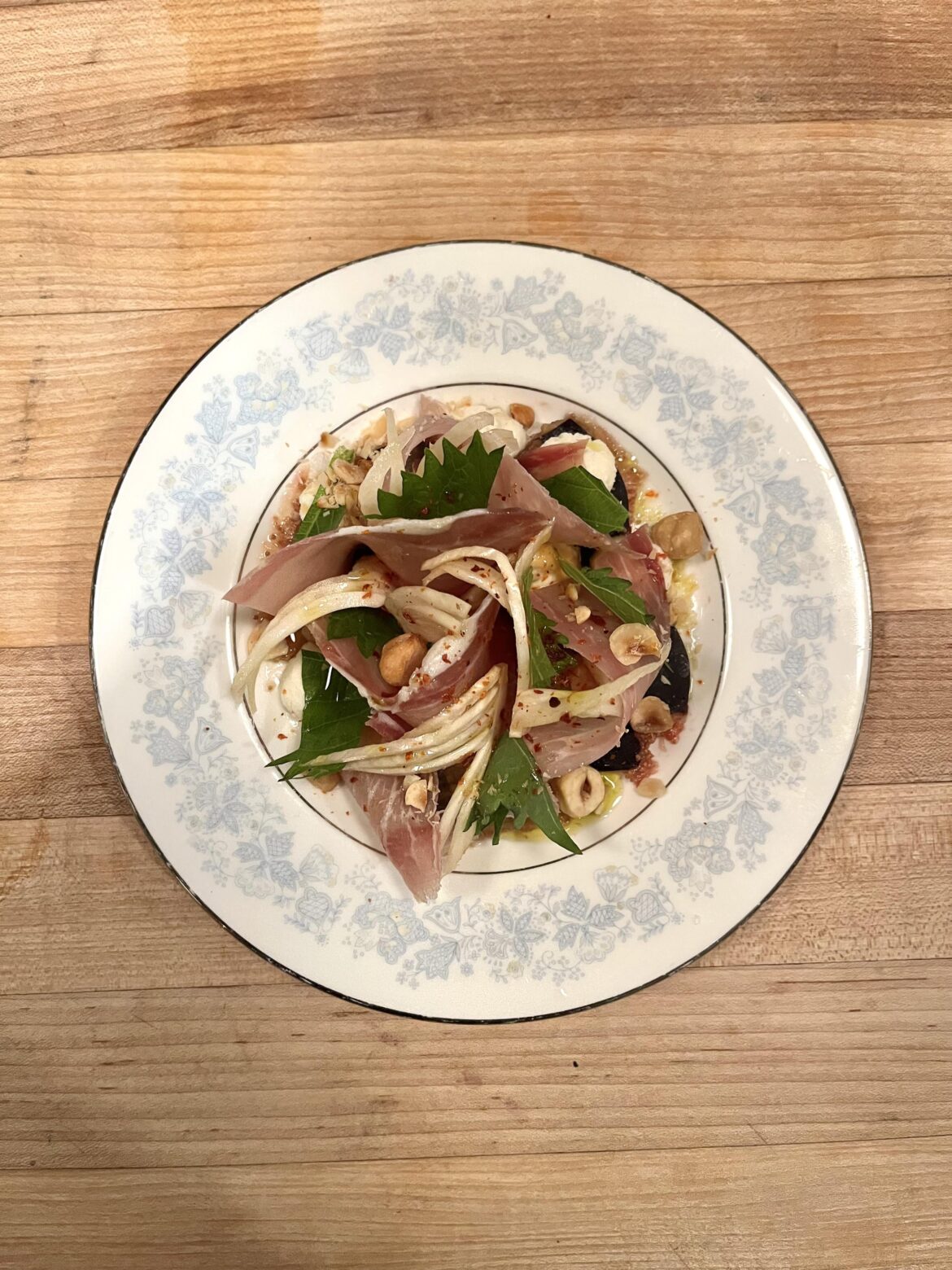 Smashed fig and cured ham small plate