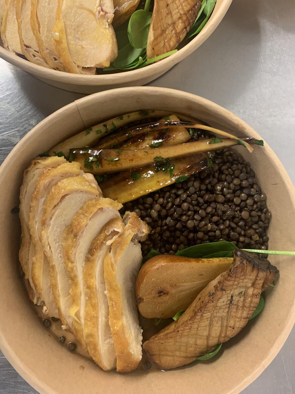 Corn fed chicken meal prep with lentils, roasted parsnip, oyster mushrooms and balsamic pear.