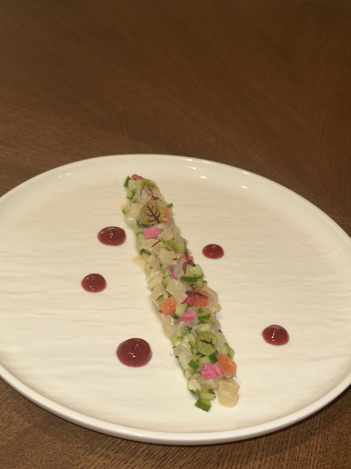 White Seabass Crudo | Passionfruit Cure, Grapefruit, Pomegranate Gel White Seabass Crudo | Passionfruit Cure, Grapefruit, Pomegranate Gel