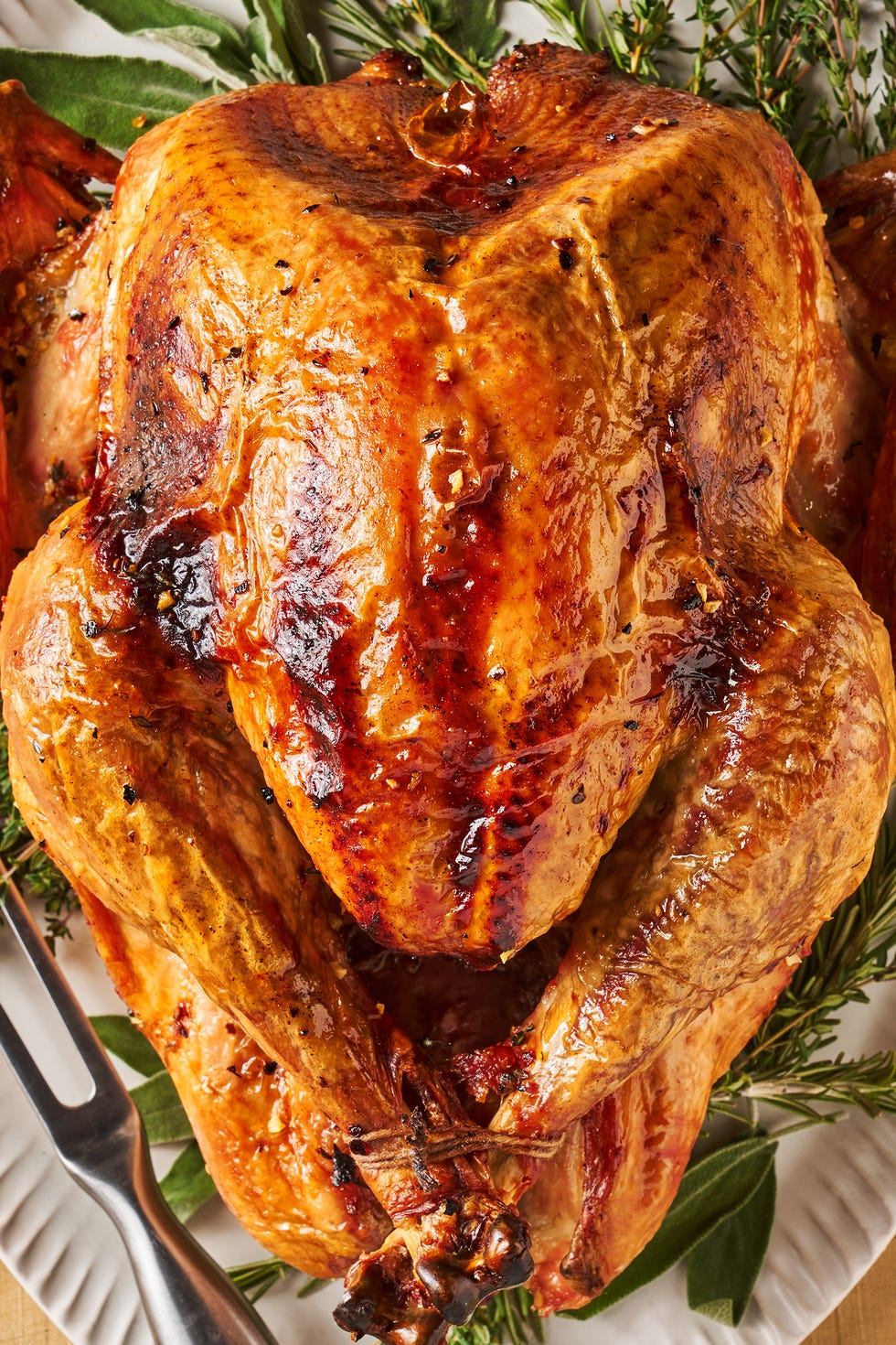 dry brine full turkey sitting on a white platter on top of fresh herbs