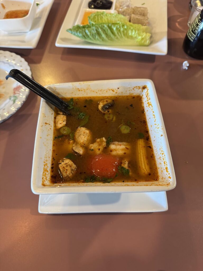 Tom Kha and Red Curry with Duck. Traditional spice did not hit today like it usually does.