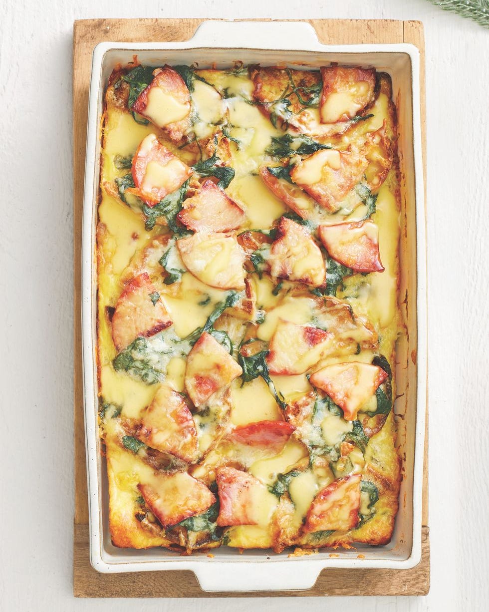 egg recipes like eggs benedict strata in a casserole dish