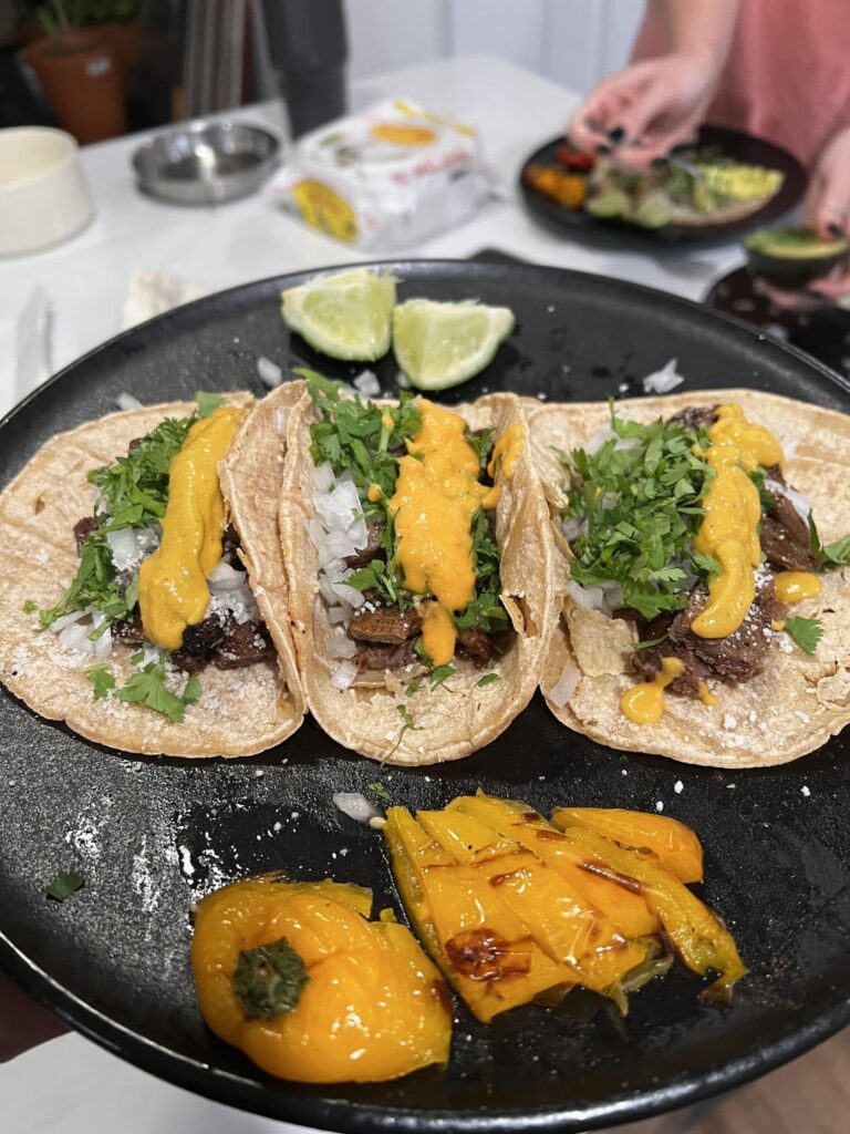 Our first attempt at Carne Asada last night with homemade Chile de Arbol salsa. One salsa with cilantro and avocado and one without. What to improve?
