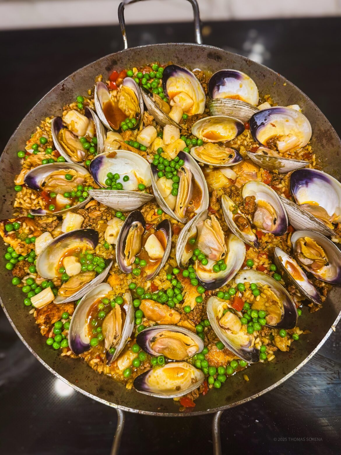 Wife’s Paella. Fresh Clams, Scallops, and more! [oc]