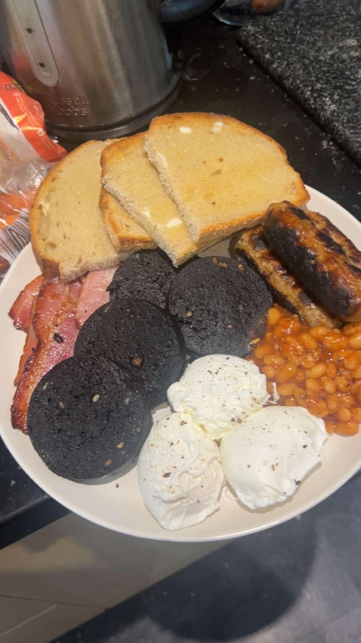 Been a professional chef nearly 10yrs first time I've had a long weekend off in a very long time decided to keep it simple for myself. Homemade Sour Dough, eggs from the garden, bacon and sausage that i smoked and cured myself,
