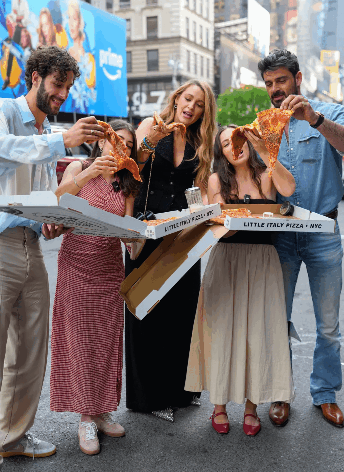 Blake Lively and Another Simple favor cast at Little Italy Pizza yesterday!