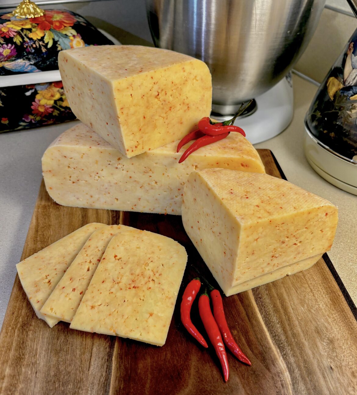 Homemade Edam cheese infused with Gochugaru peppers.