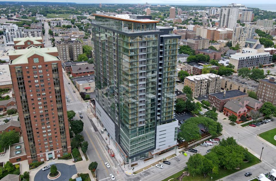 Ascent, the mass timber structure at 700 E. Kilbourn Ave. in Milwaukee on Aug. 8, 2022. Aya, an upscale Mediterranean restaurant, is coming to the apartment building's ground floor.