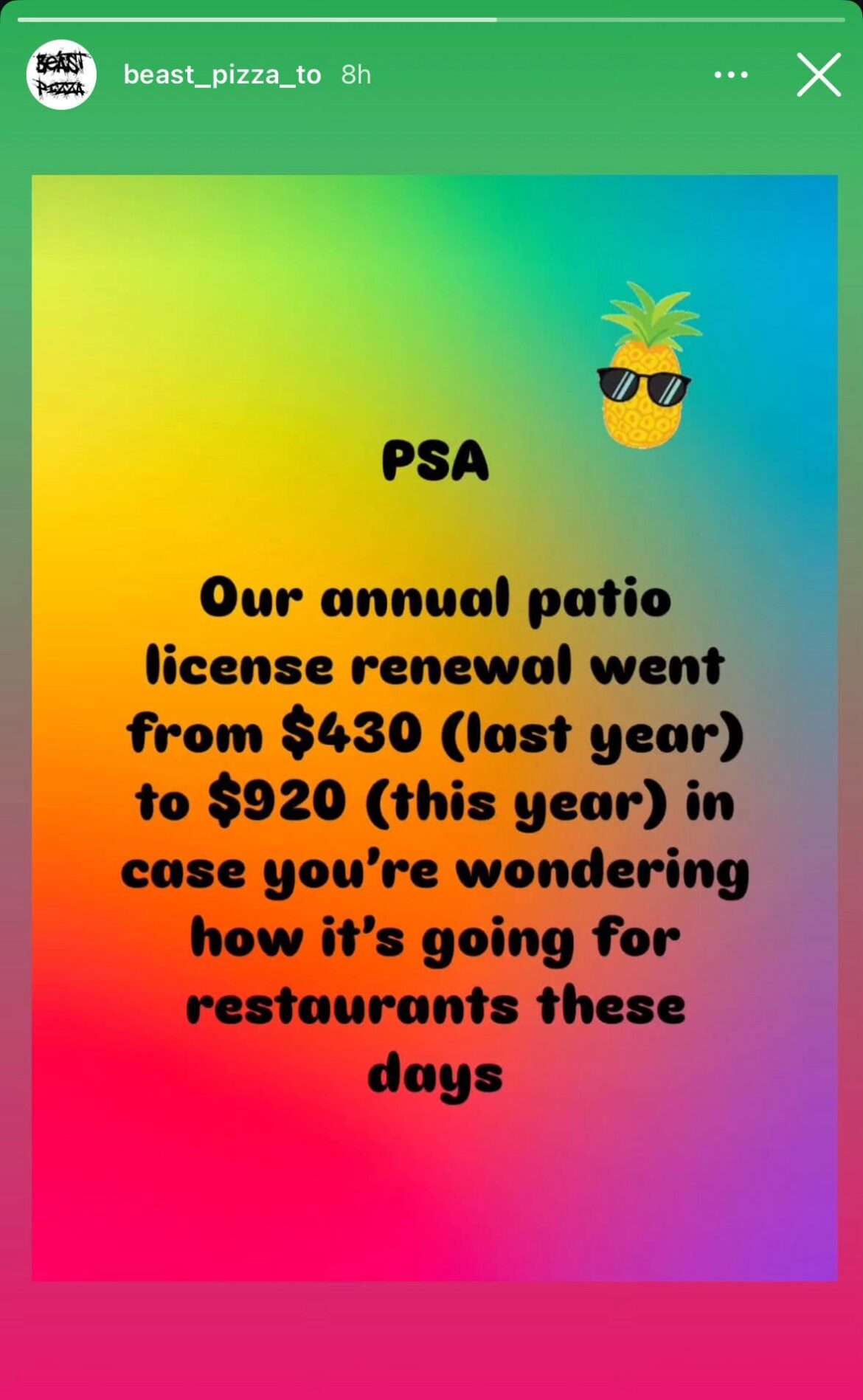 CafeTO fees increasing YoY, as posted by Beast Pizza