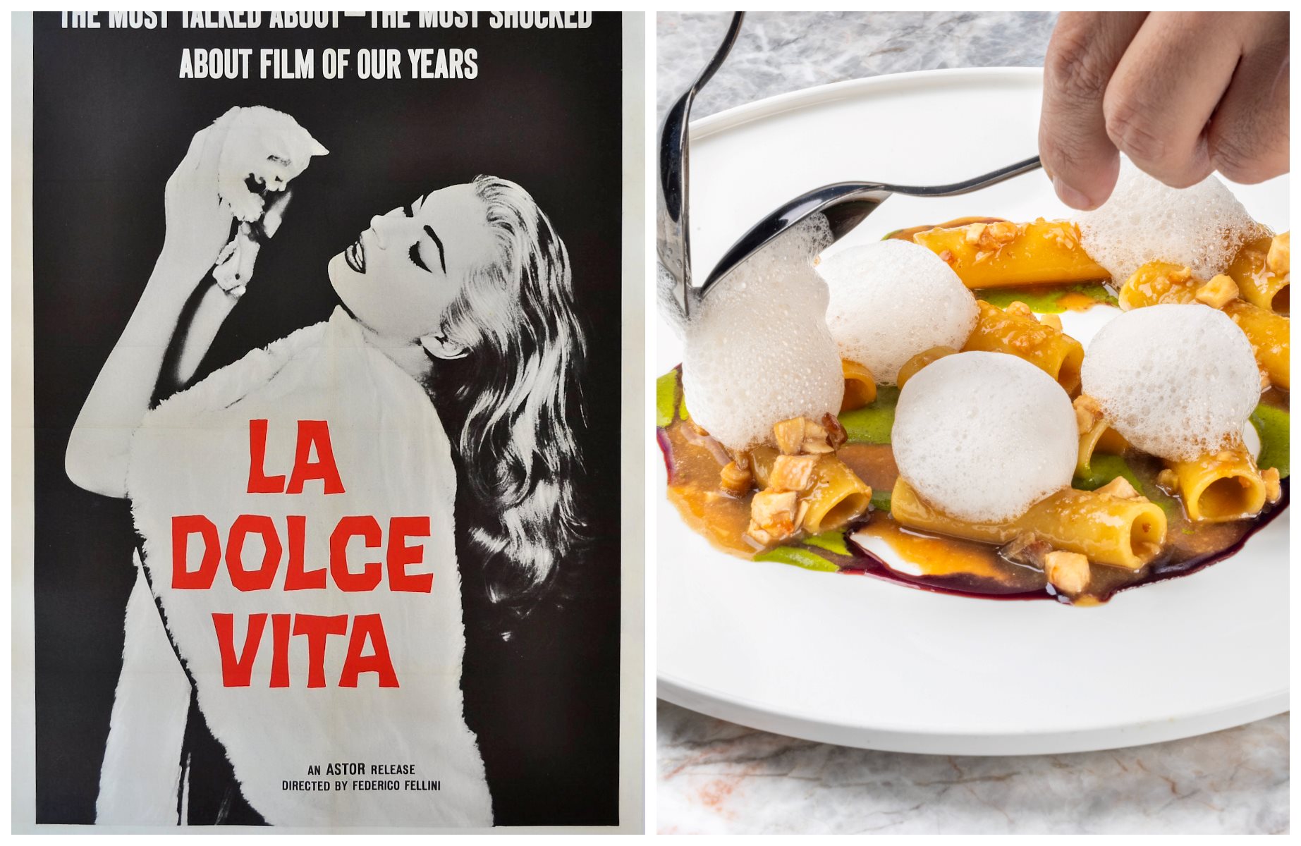 Palme d'Or winner La Dolce Vita (1960), which takes place in Rome with memorable scenes of the Trevi Fountain, paired with handmade pasta at Aroma restaurant in Rome, Italy. © Left: PictureLux / The Hollywood Archive / Alamy Stock Photo. Right: Aroma 