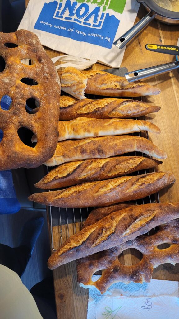 My first go at traditional french baguettes + fougassi
