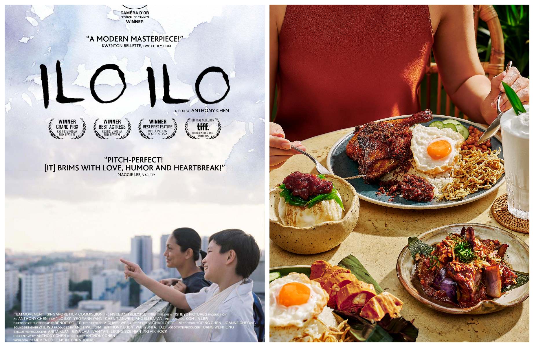 We've paired Ilo Ilo (2013) with The Coconut Club in Singapore for its Filipino-inspired dish nasi lemak. © Left: SODA PICTURES / Cinematic Collection / Alamy Stock Photo. Right: John Heng / The Coconut Club / The Coconut Club (Beach Road)