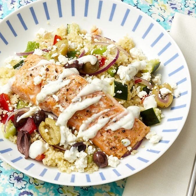 greek salmon couscous bowls