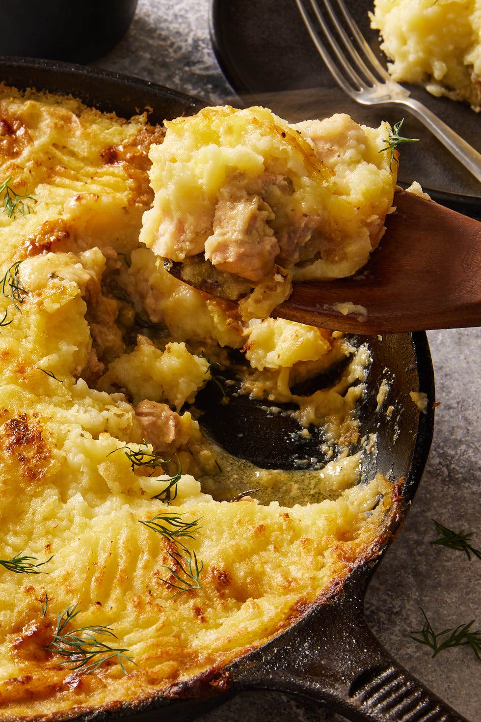 fish pie with salmon, shrimp and dill