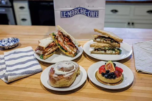 Cinnamon roll, fruit tart, Anjou pear melt and turkey BLT from Leunig's Le Marché Café - JORDAN BARRY ©️ SEVEN DAYS