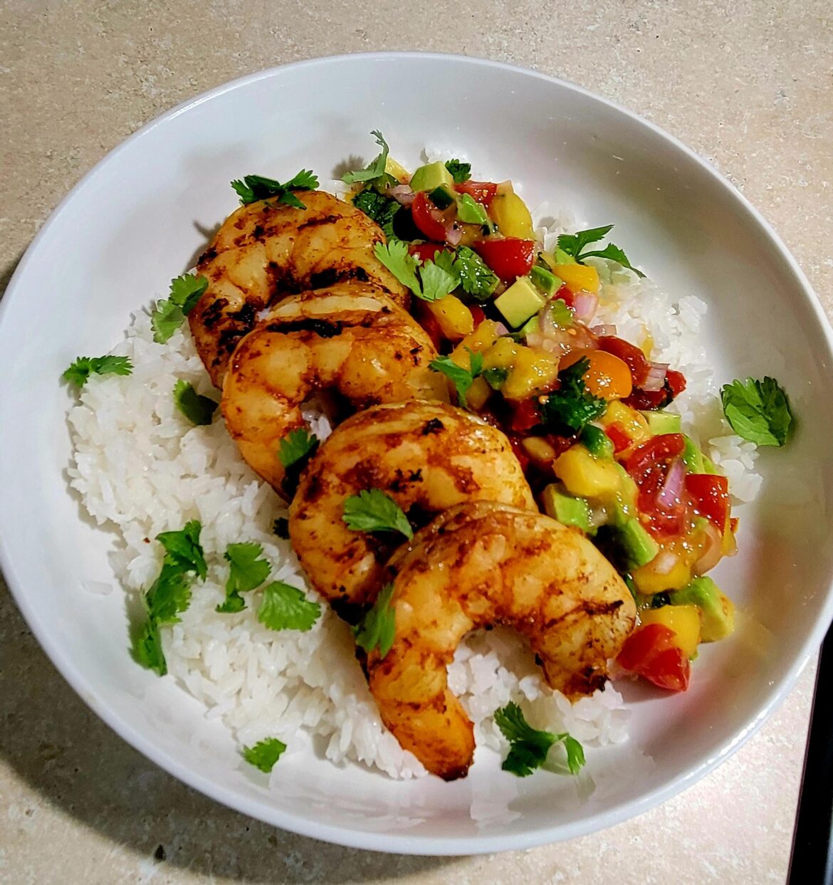 Jerk Shrimp, Mango Salsa, Coconut rice.
