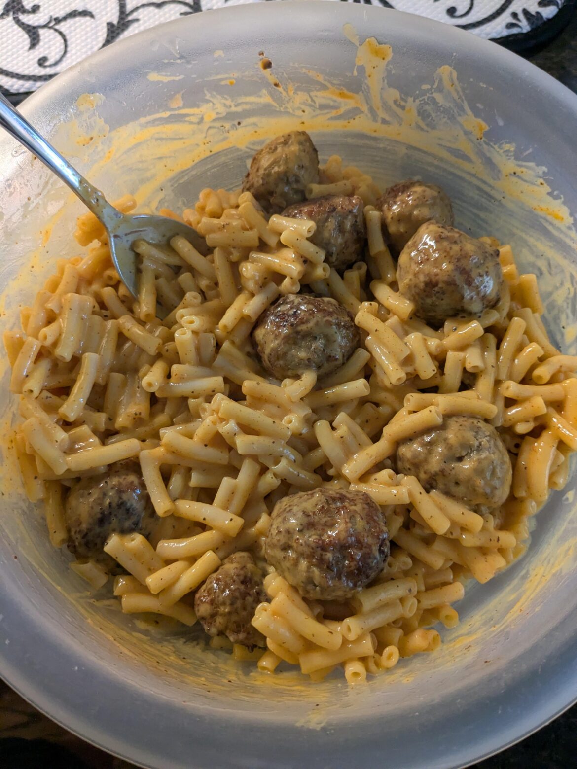 Meatballs and mac and cheese, because the beer wasn't enough carbs