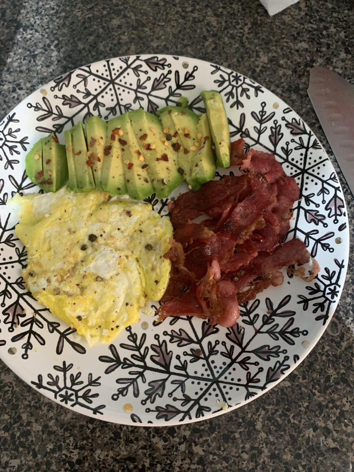 beef bacon, fried egg and avocado