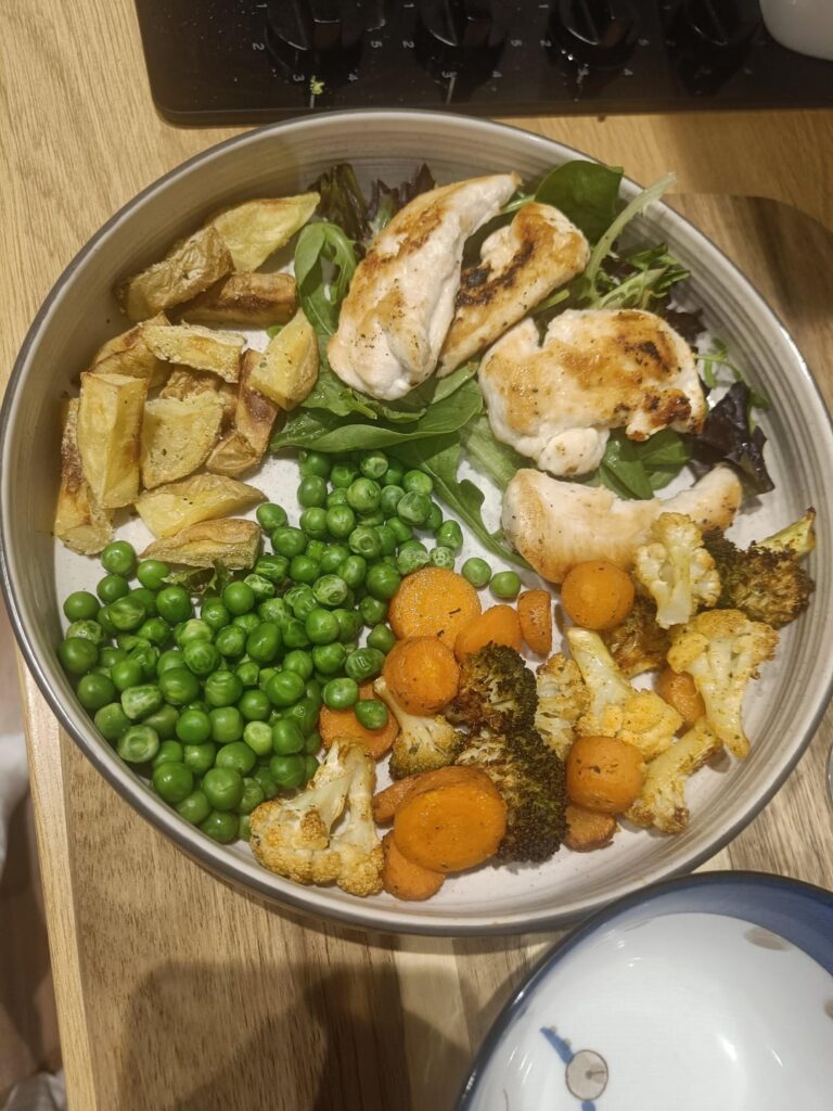 Lunch for approx 534 calories (I didn't count the small amount of salad and I estimated 30 calories for seasonings). Around 45g protein and 8g fibre :)