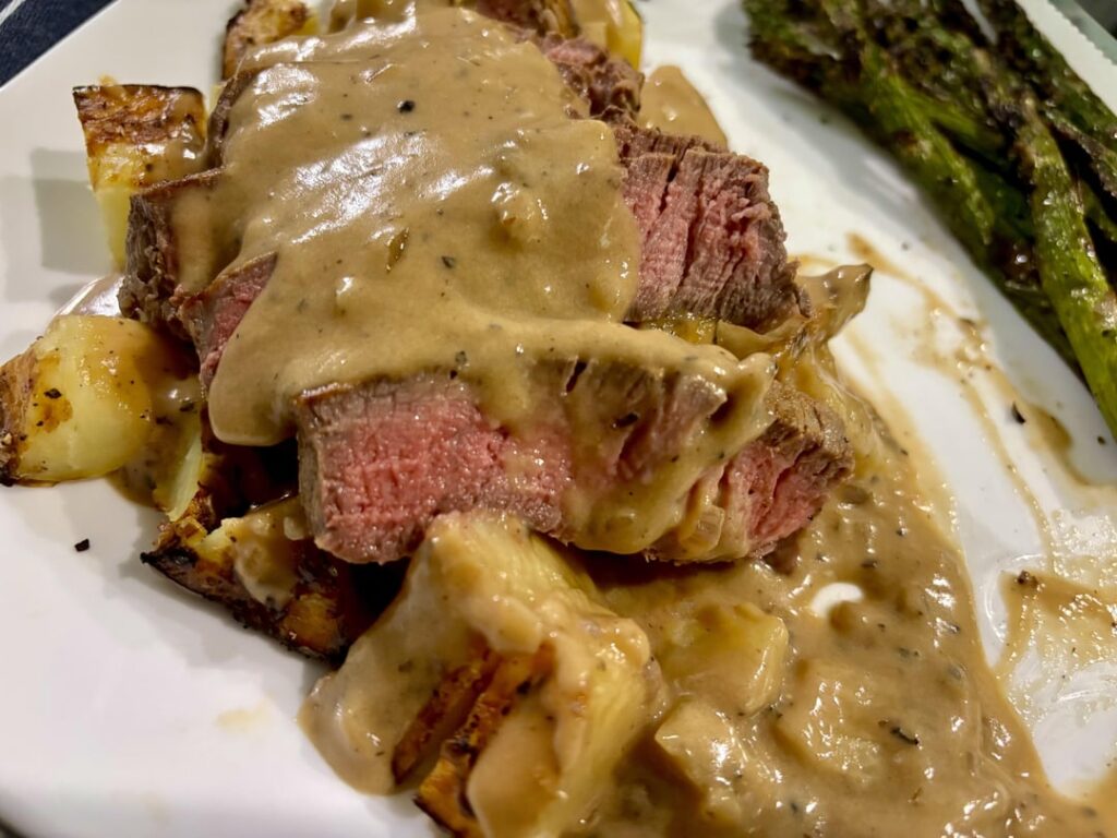 Hopefully a little steak au poivre on the grill isn’t too fancy for this fine establishment? I ate it in my pajamas.