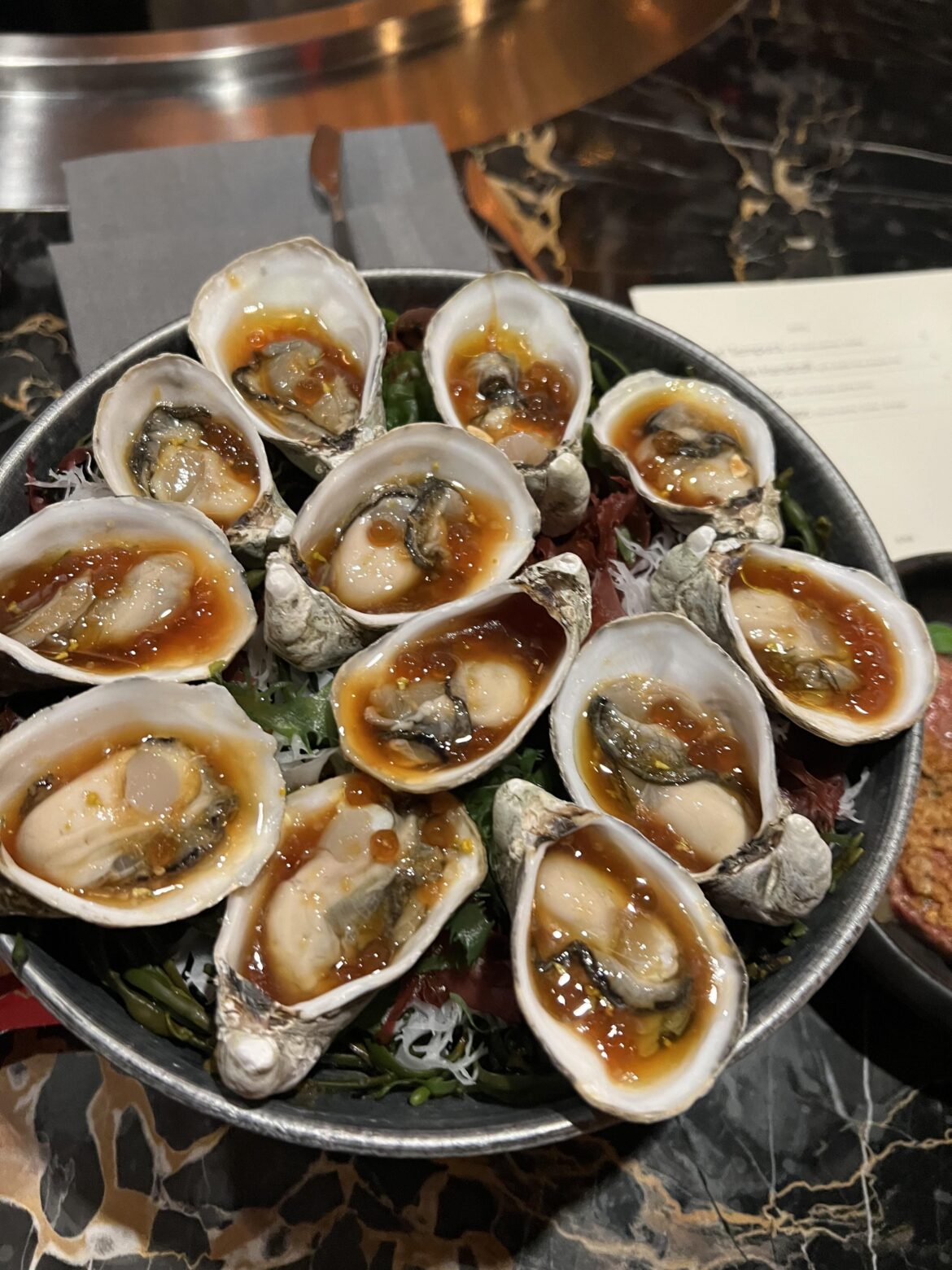 Kumamoto oysters in ponzu whiskey sauce