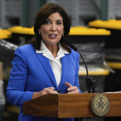 New York Gov. Kathy Hochul speaks at a press conference on illegal cannabis shops, at a NYPD warehouse, Wednesday, July 31, 2024, in the Bronx borough of New York. Photo: Julia Nikhinson/AP