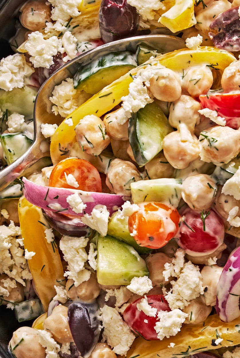 creamy greek chickpea salad with crumbled feta
