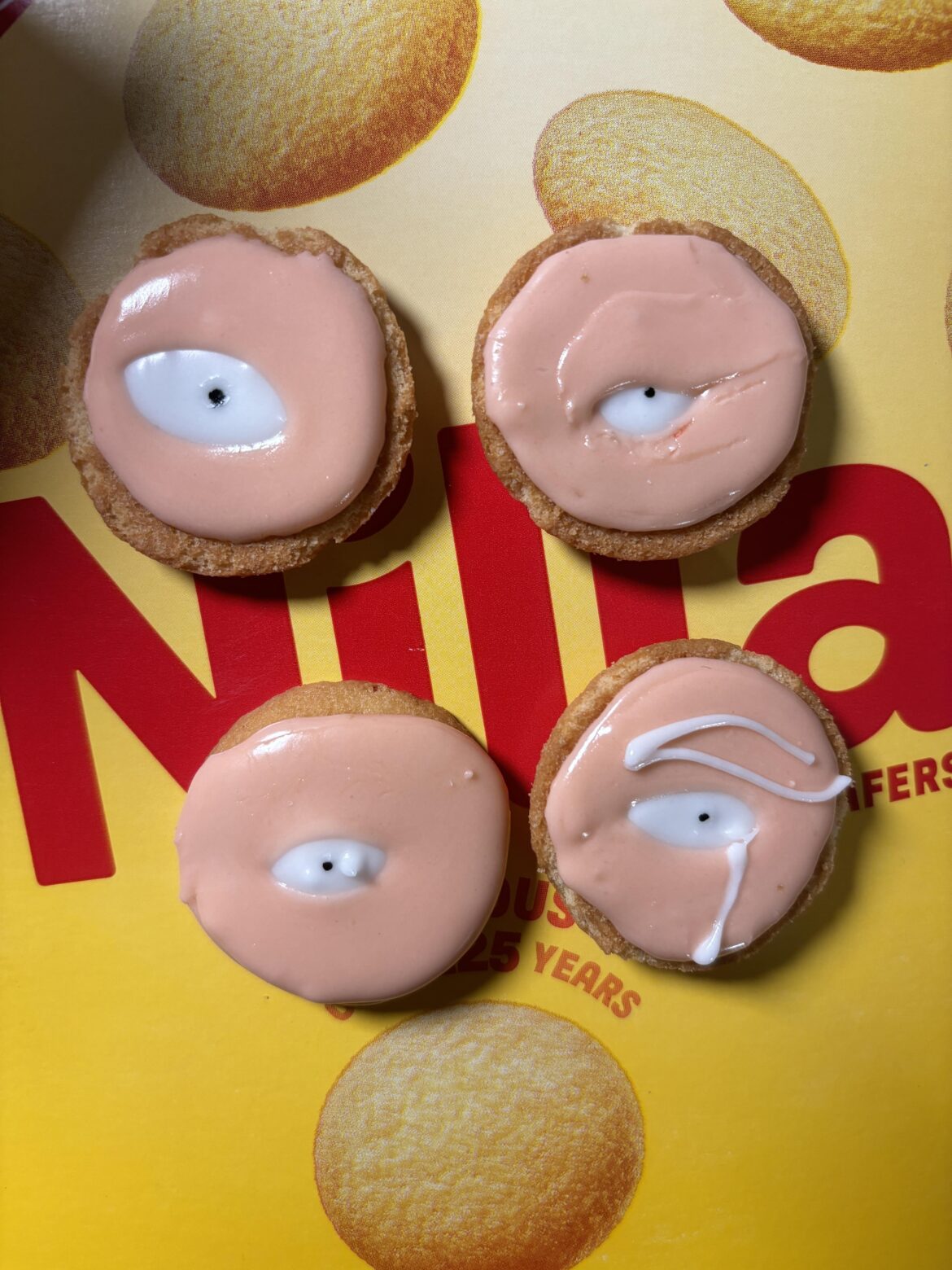 First time making my own royal icing or decorating cookies on my own. Didn’t want to bake so just used nilla wafers