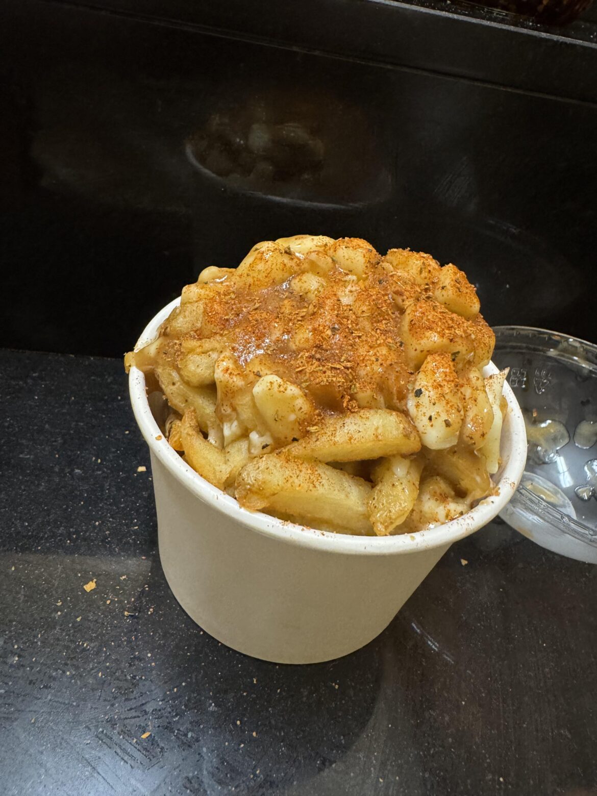 Poutine, Canadian Fries with Cheese Curds and Gravy on top.