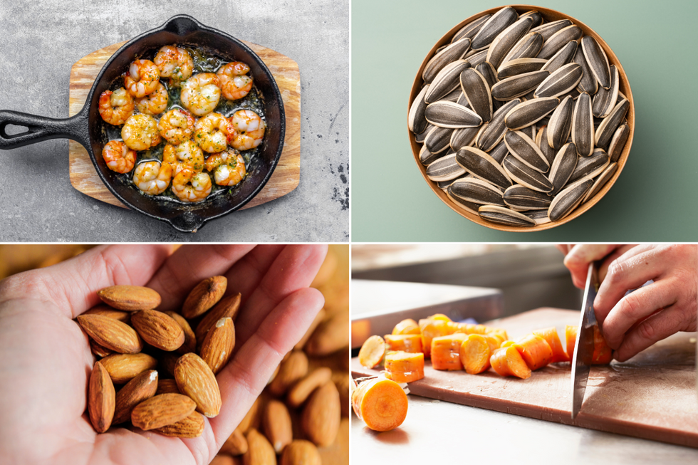 Handful of almonds; bowl of sunflower seeds; man cutting slices of carrot on a wooden chopping board; prawns sauteed in a black saucepan