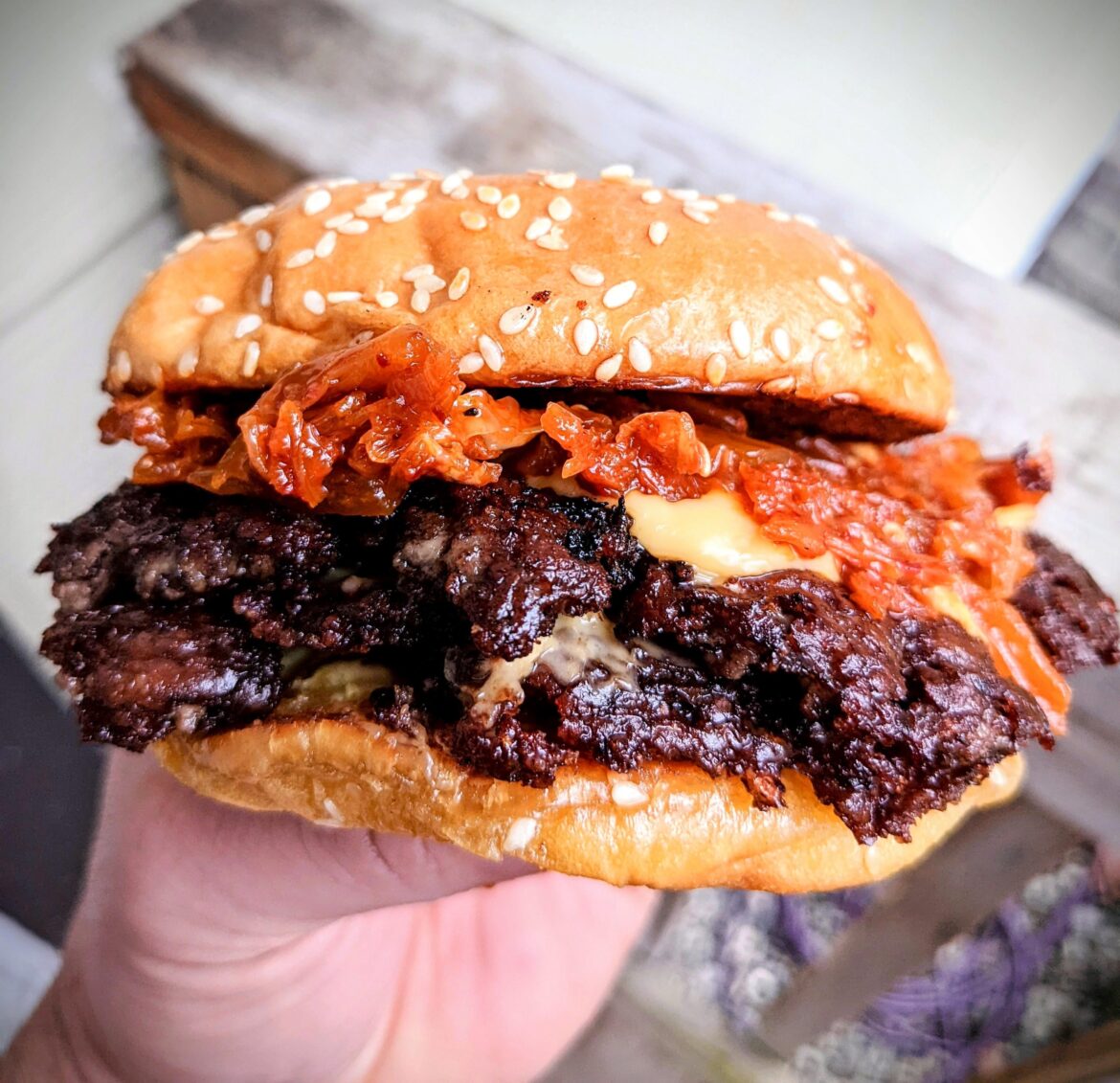 Homemade Caramelized Kimchi Burger