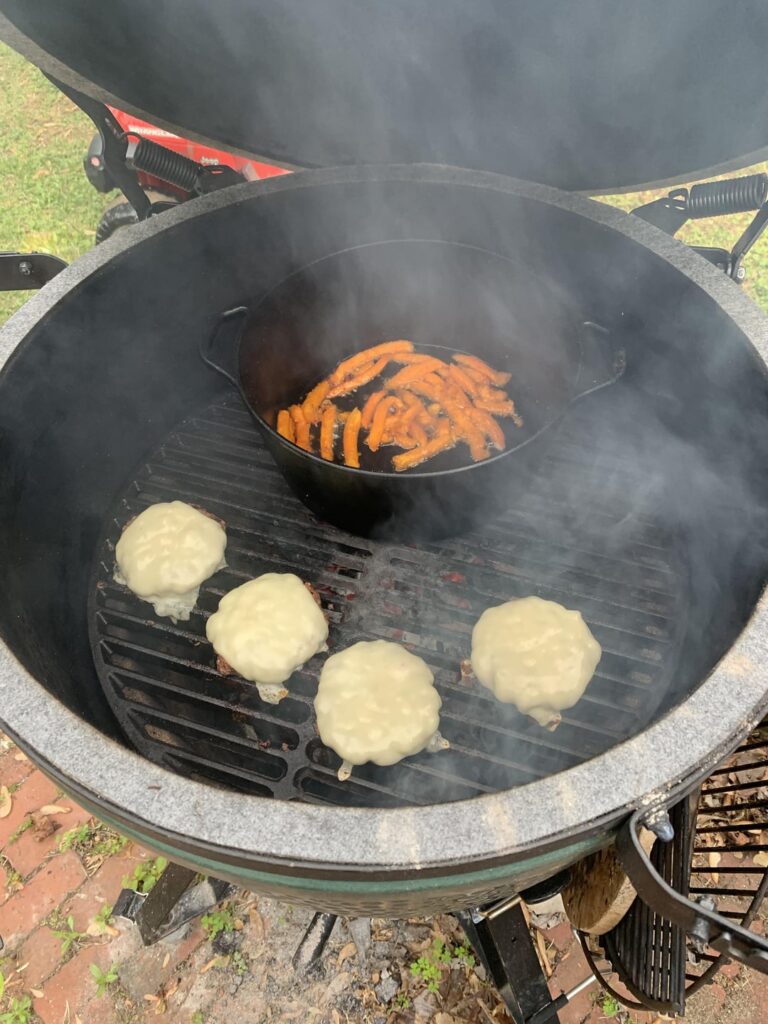 Cast Iron grate and dutch oven for burgers and fries
