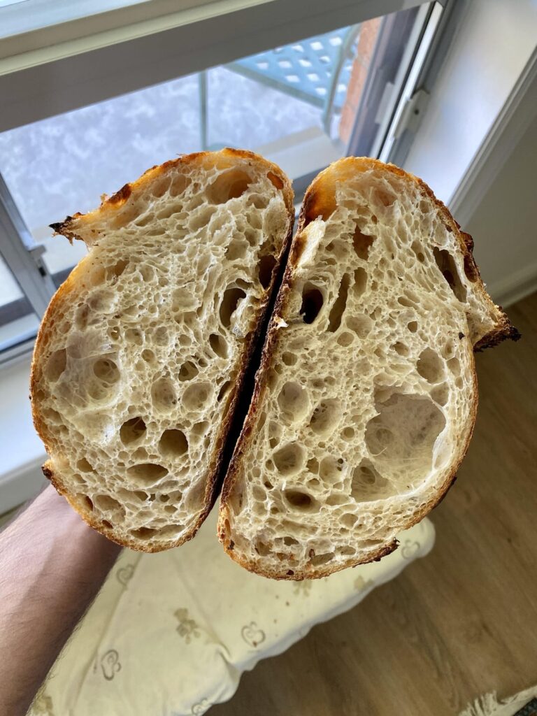 A blistery 82% hydration country sourdough (with 10% spelt)