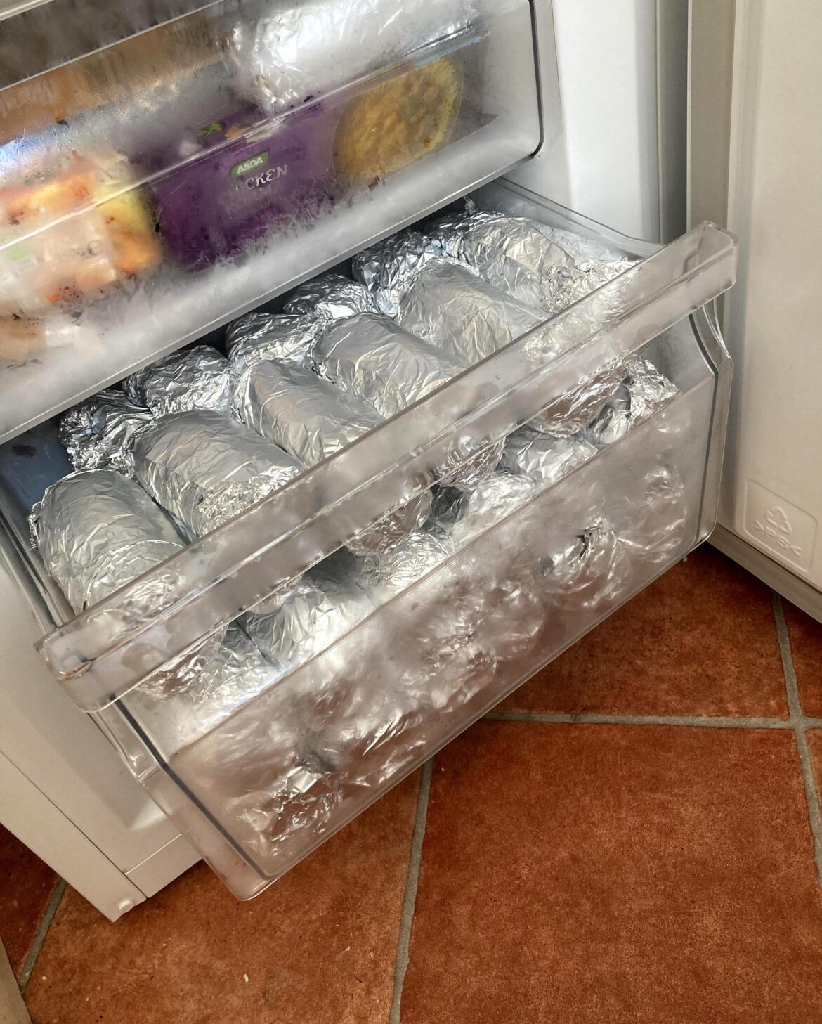 My very own burrito wall is complete 60 mini breakfast burritos packaged in two 340 calories each per package!