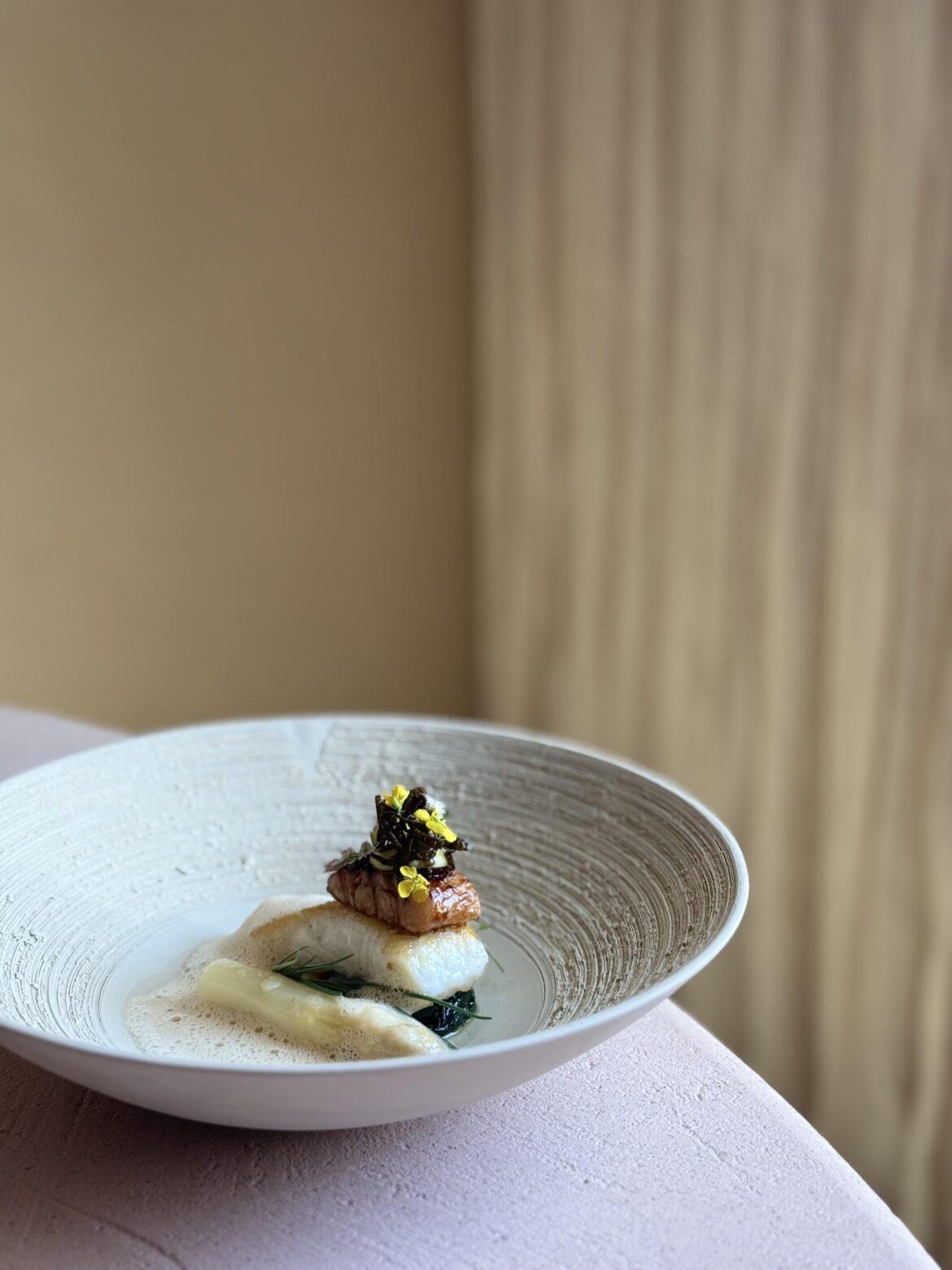 Baked brill, glazed smoked eel,asparagus, spinach & fermented asparagus sauce.