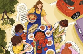 Illustration of family enjoying a crab feast